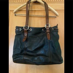 Soft Grain Black Leather Tote with Brown Trim